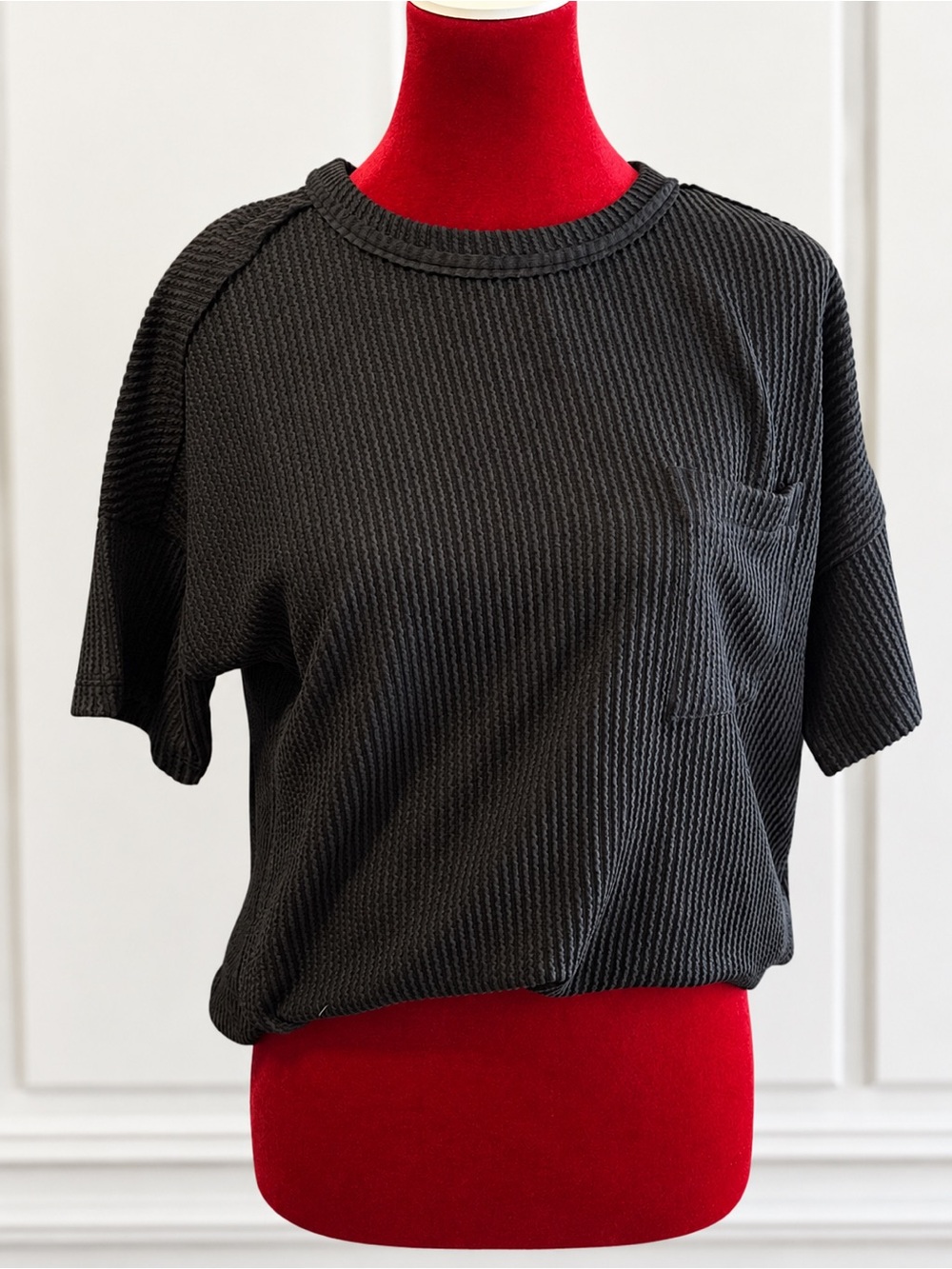 Women’s Black Textured Short-Sleeve Pocket Tee by ZENANA
